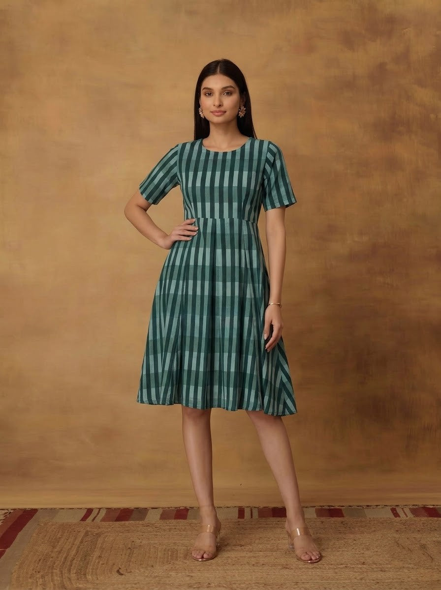 Elegant Green Striped Print Flared Dress
