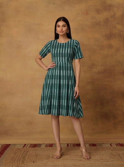 Elegant Green Striped Print Flared Dress
