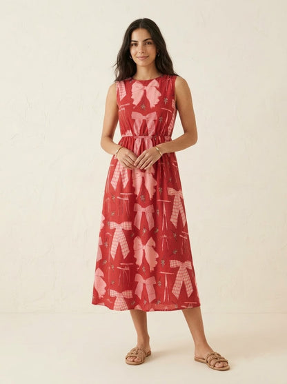 Red Ribbon Bow Printed Midi Dress
