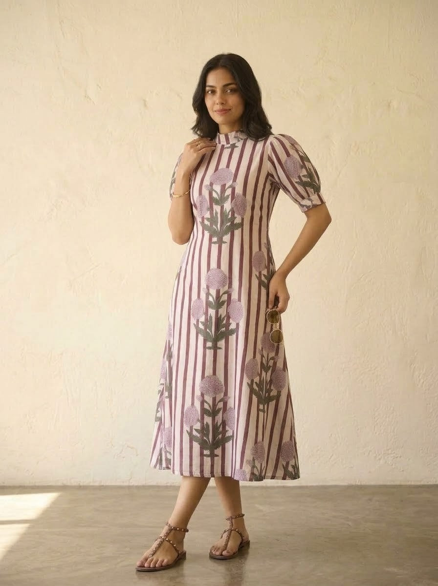 Elegant Maroon & Lilac Floral Striped Midi Dress