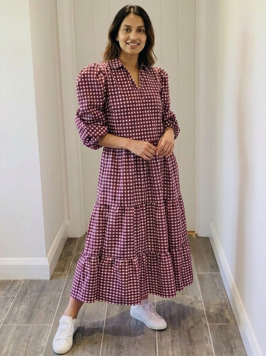Maroon & White Gingham Checked Maxi Dress