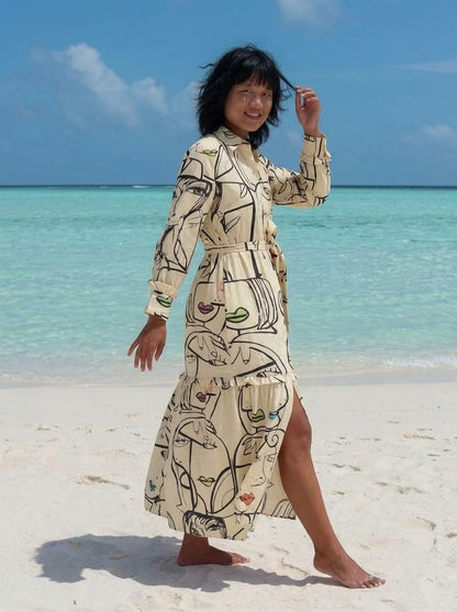 Beige Abstract Face Art Printed Maxi Dress