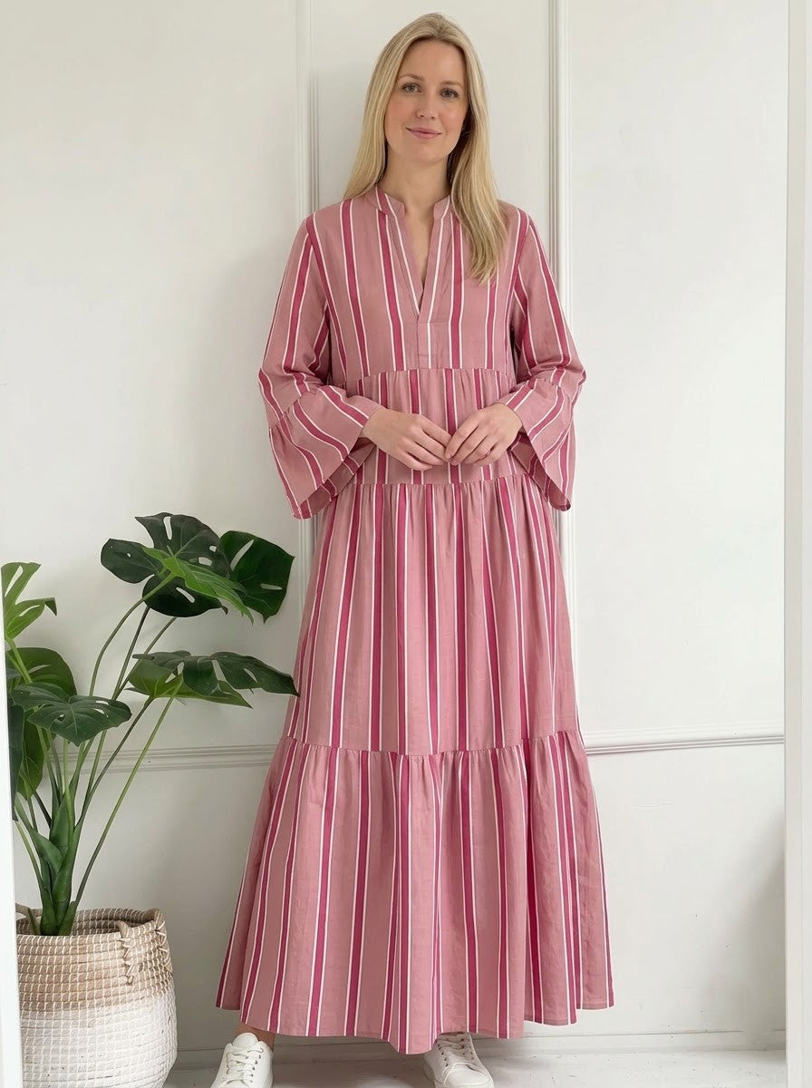 Dusty Pink & Magenta Striped Tiered Maxi Dress