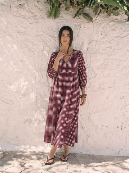 Maroon Gingham Checked V-Neck Maxi Dress