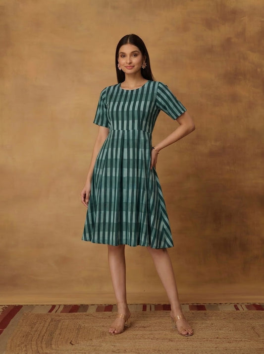 Elegant Green Striped Print Flared Dress