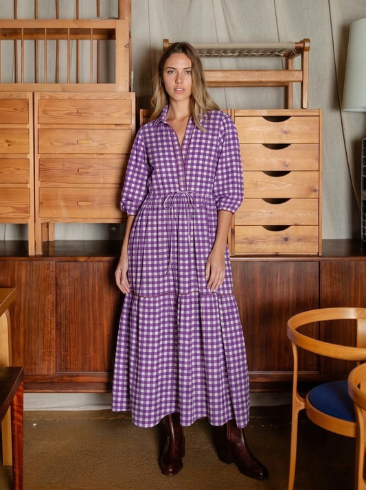 Purple Gingham Checked Tiered Maxi Dress