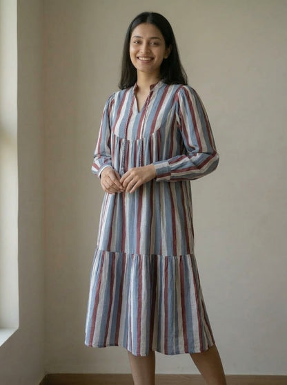 Multicolor Vertical Striped Tiered Midi Dress