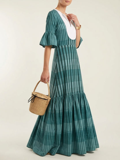 Elegant Green Plaid-Striped Tiered Maxi Dress
