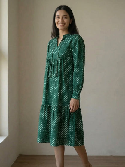 Emerald Green Polka Dot Tiered Midi Dress