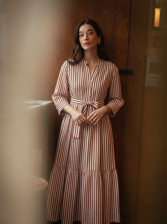 Elegant Vertical Striped Belted Maxi Dress