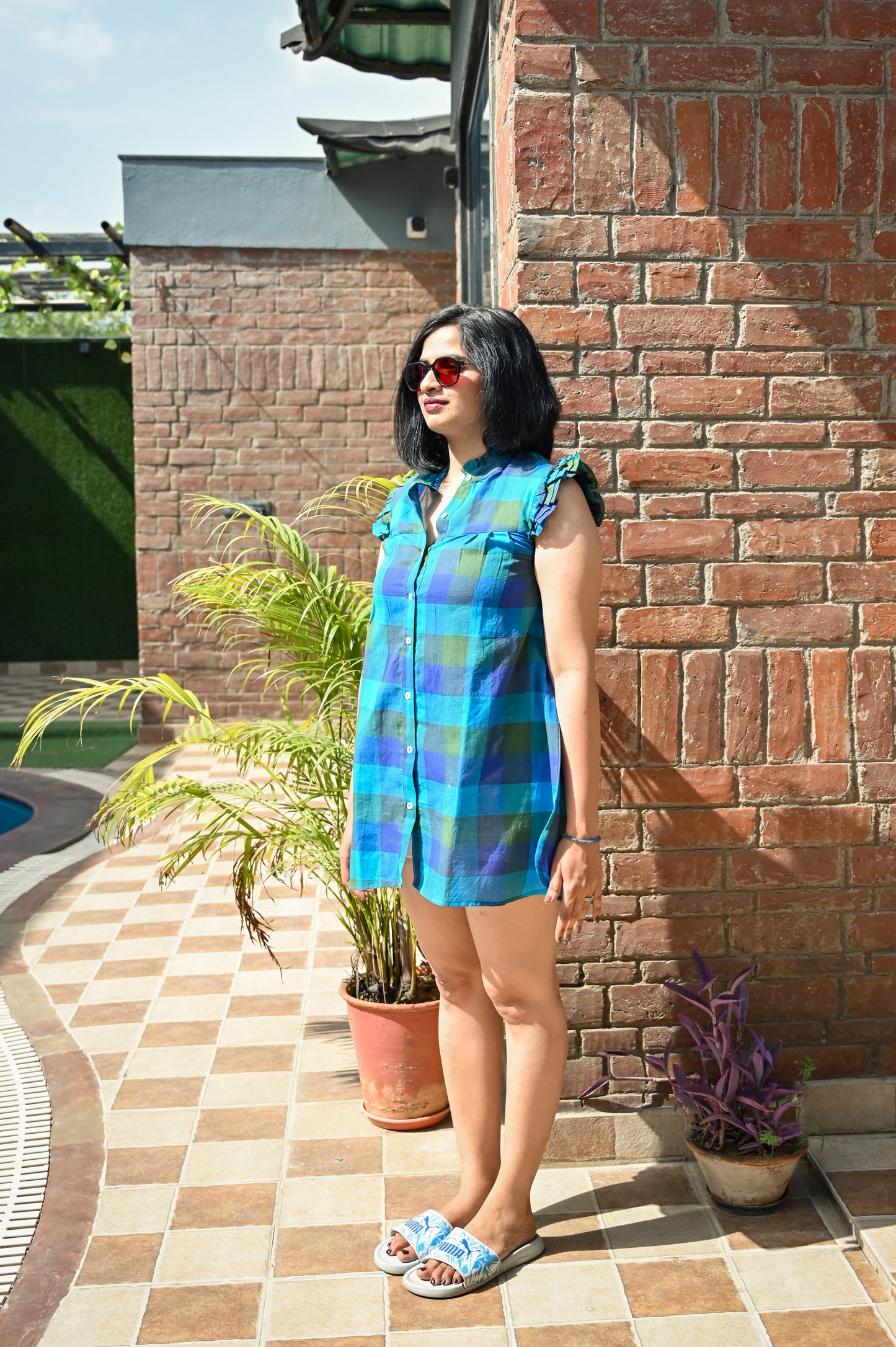 Ocean Tartan Ruffle Tunic Dress