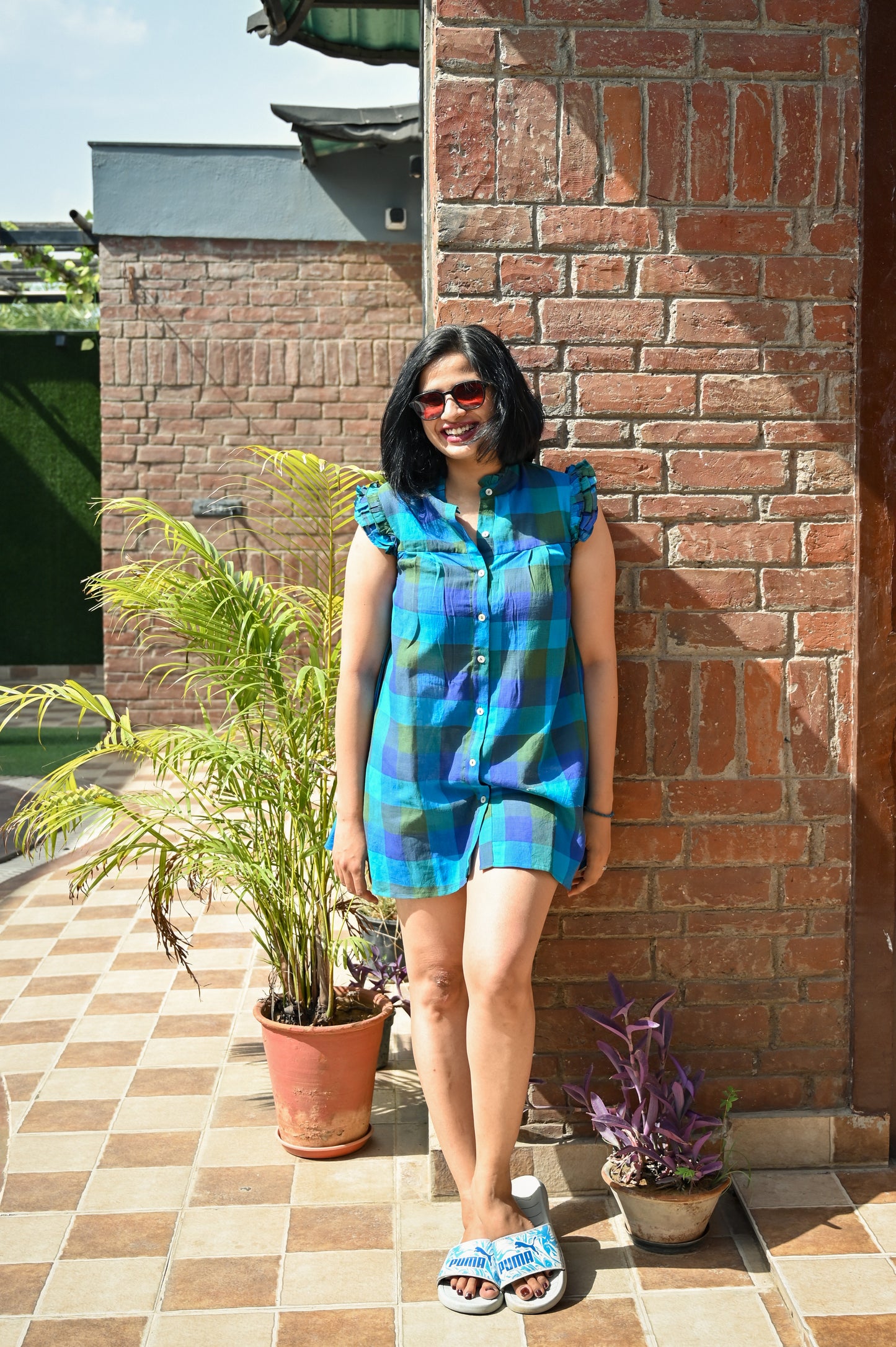 Ocean Tartan Ruffle Tunic Dress