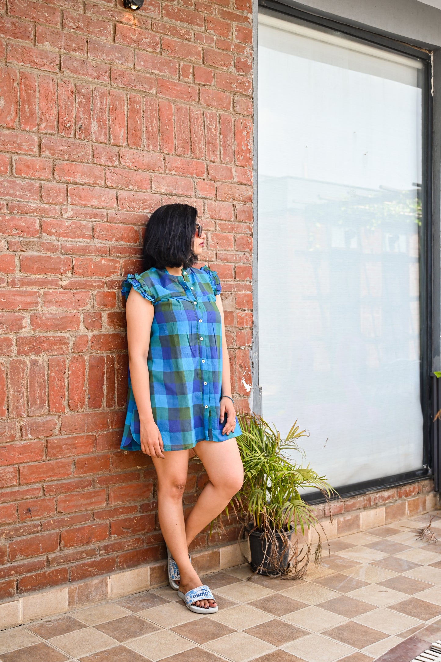 Ocean Tartan Ruffle Tunic Dress