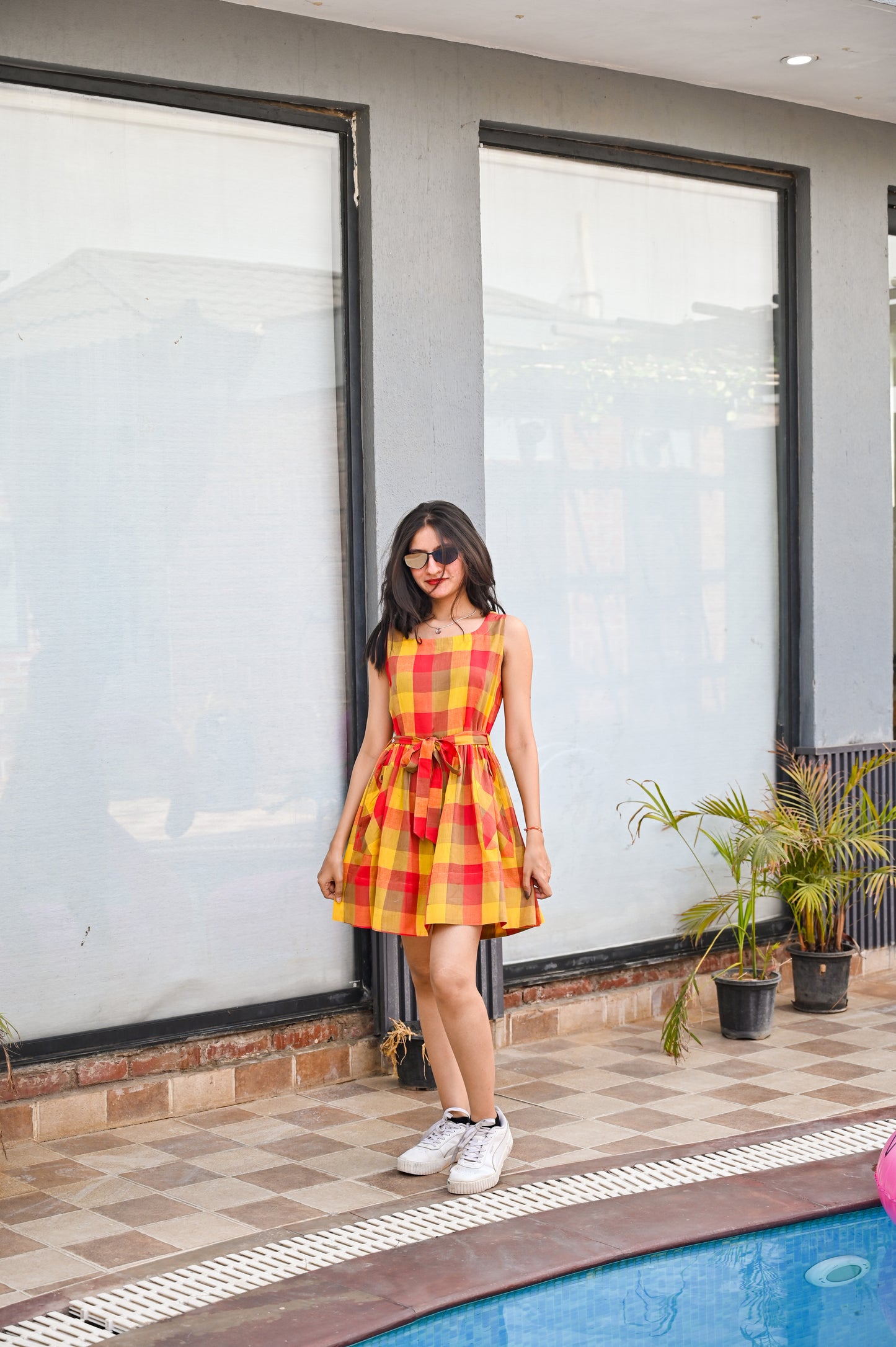 Sunset Plaid Flared Pinafore Dress