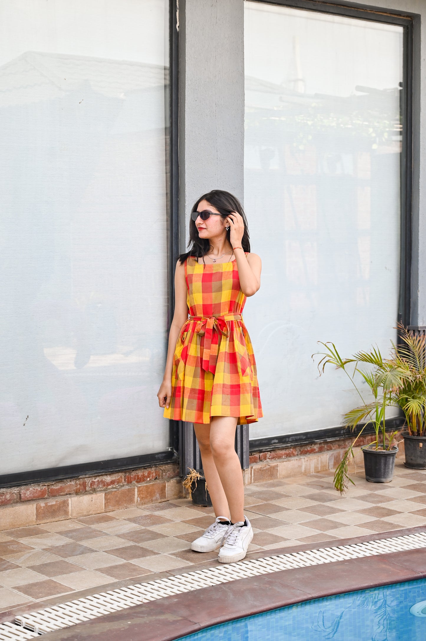 Sunset Plaid Flared Pinafore Dress