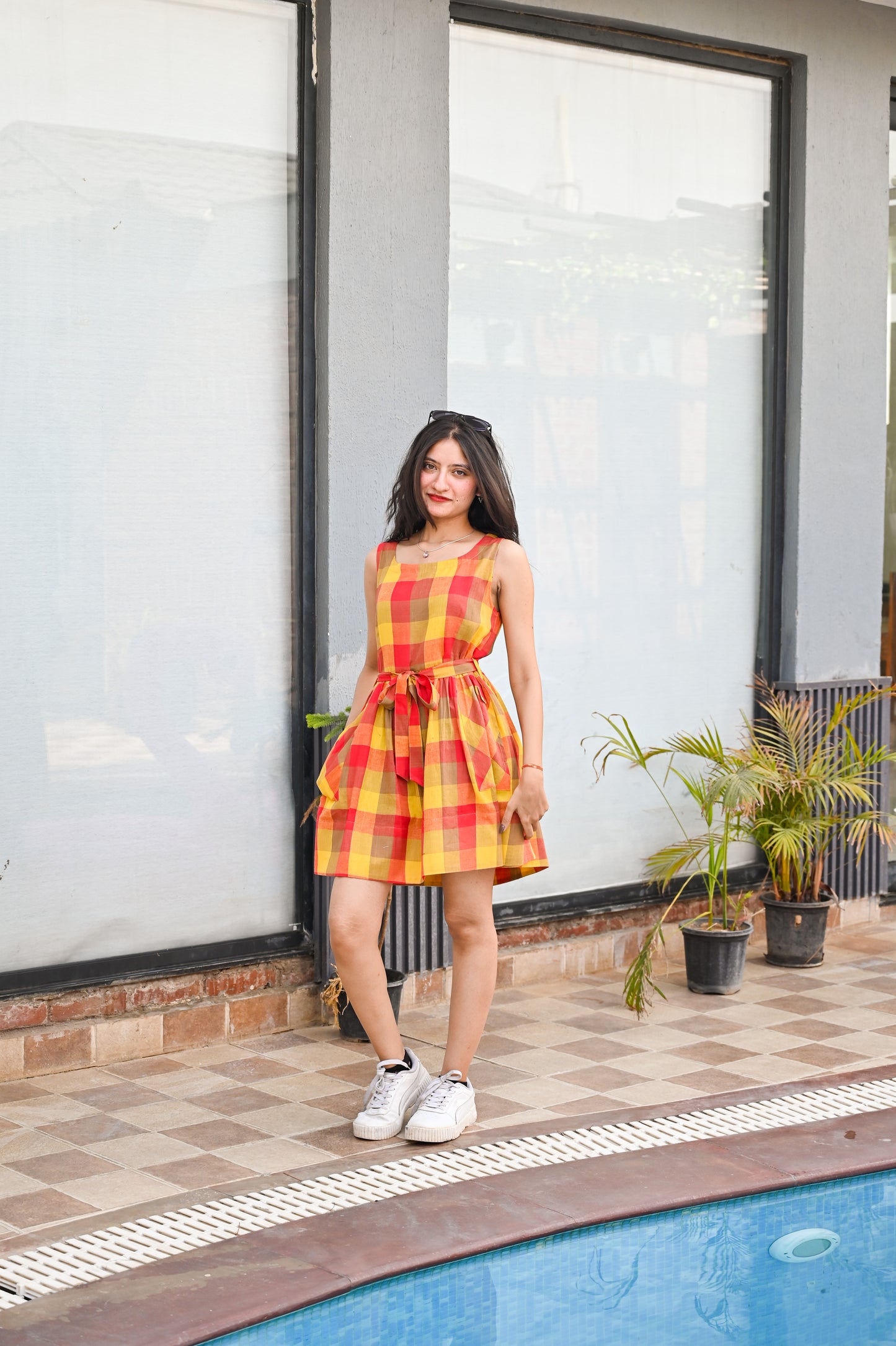 Sunset Plaid Flared Pinafore Dress