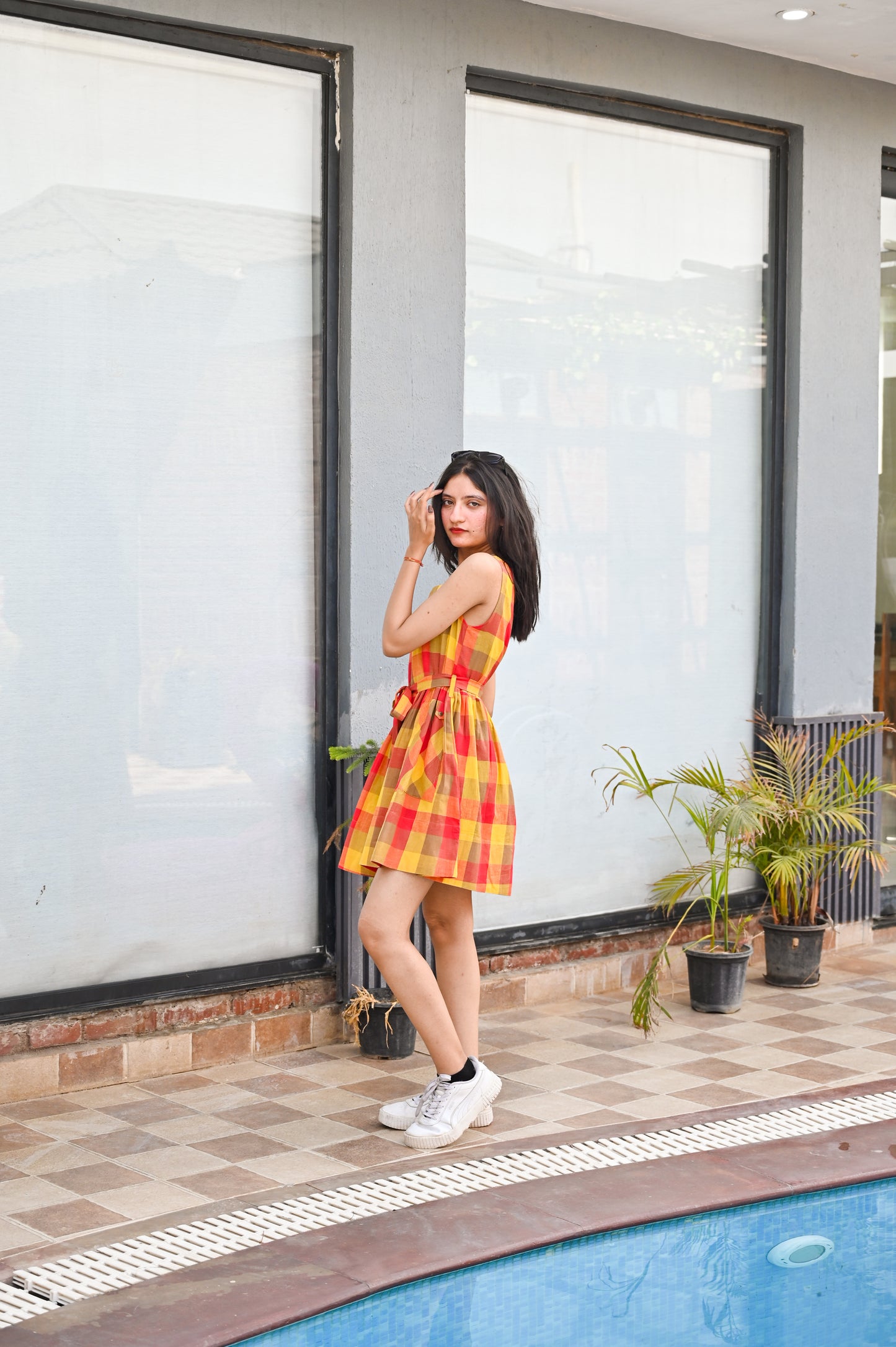 Sunset Plaid Flared Pinafore Dress