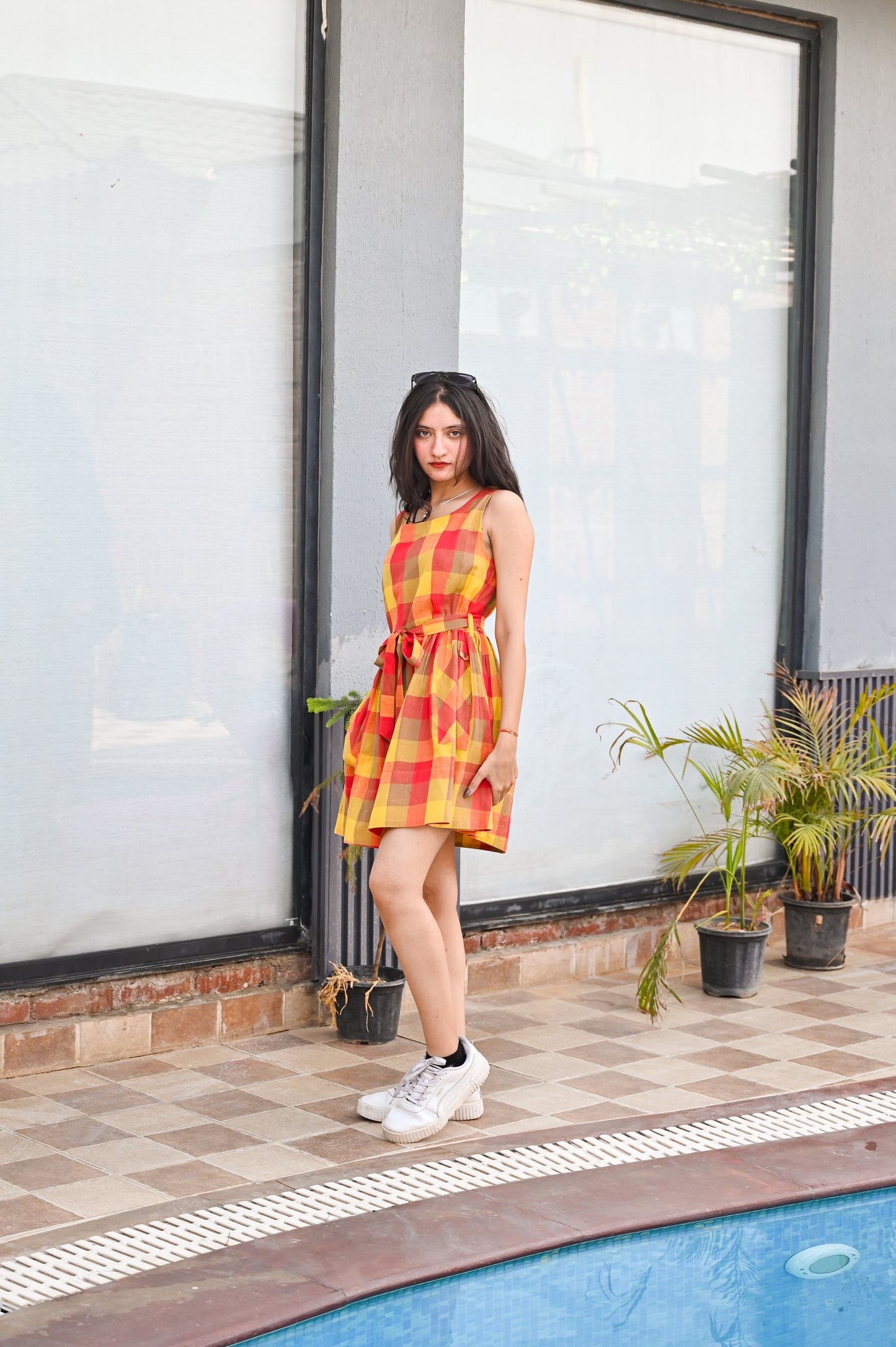 Sunset Plaid Flared Pinafore Dress