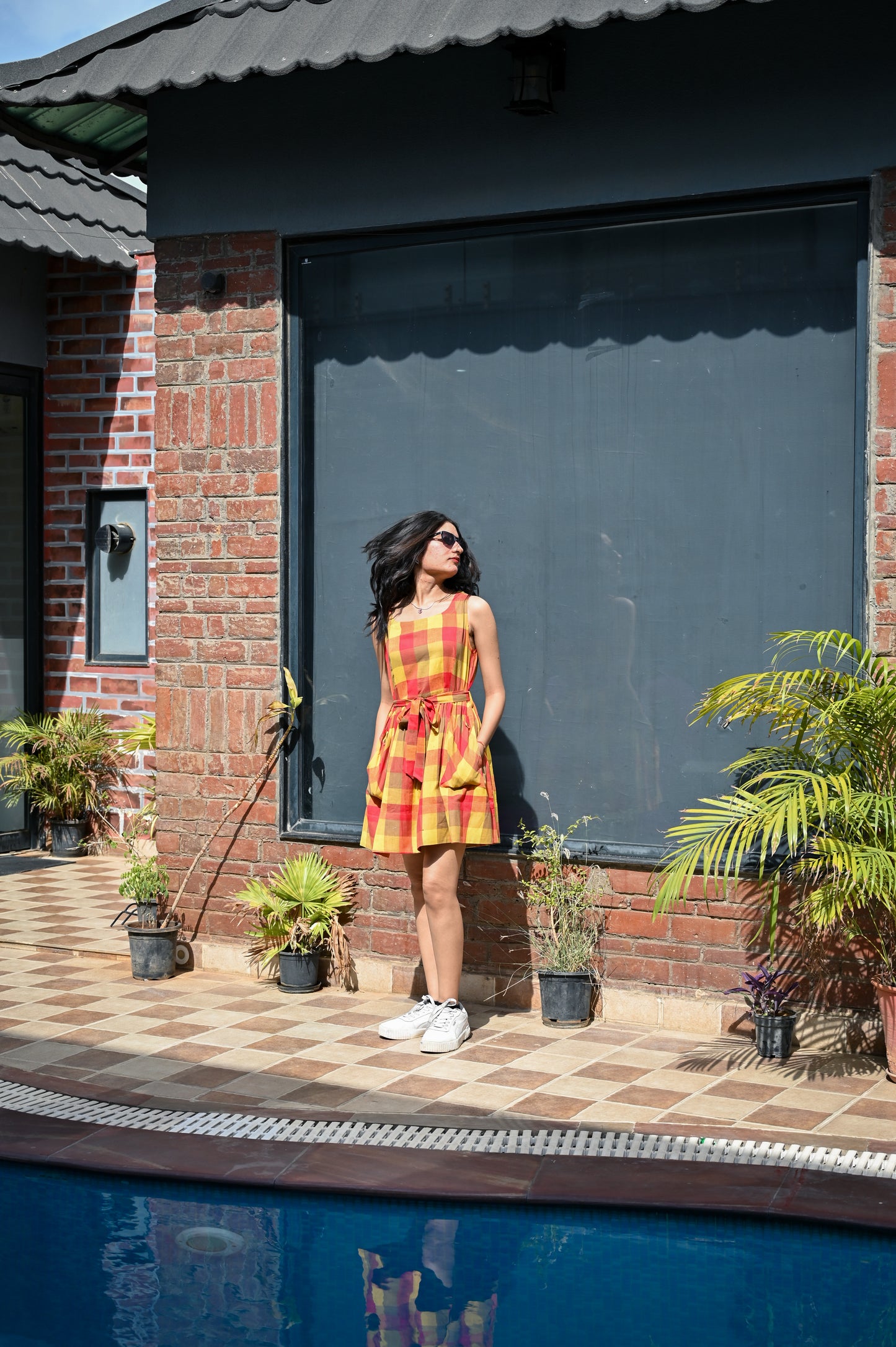Sunset Plaid Flared Pinafore Dress