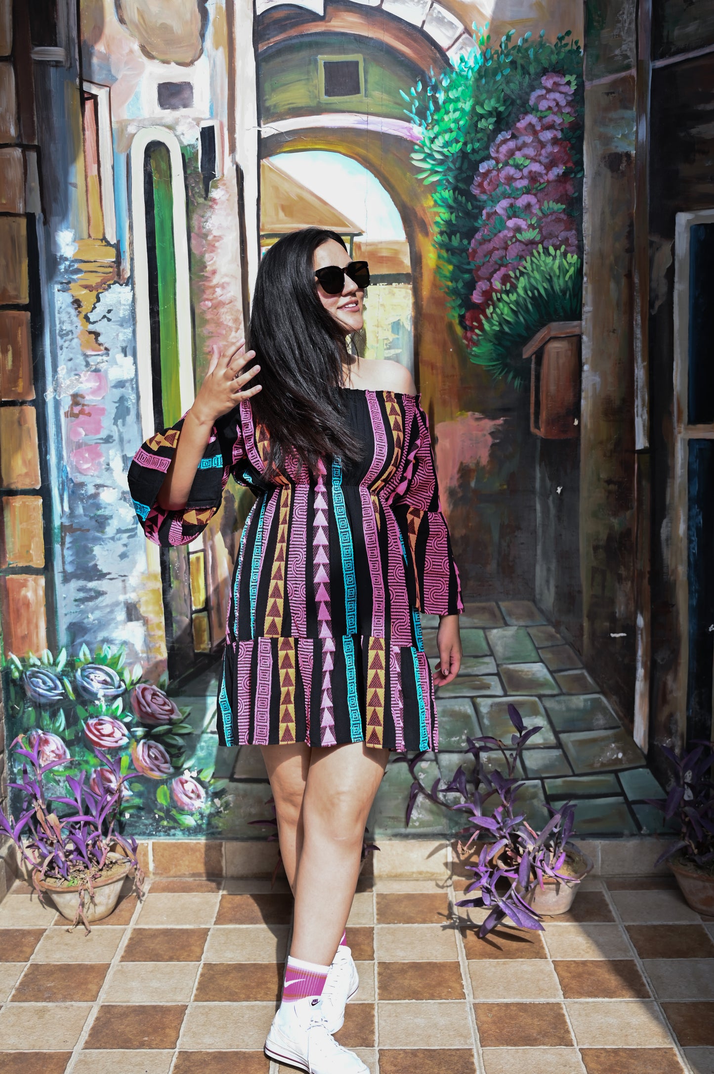 Black Off-Shoulder Printed Mini Dress