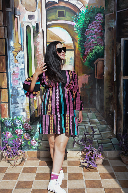 Black Off-Shoulder Printed Mini Dress