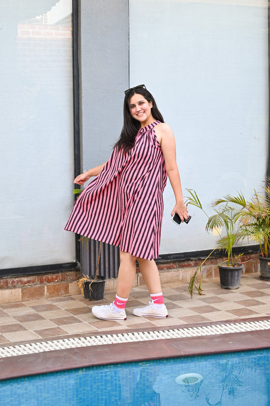 Pink Noir Striped Halter Neck Dress