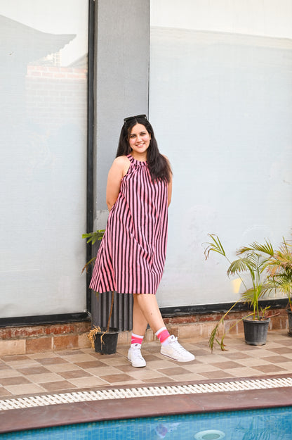 Pink Noir Striped Halter Neck Dress