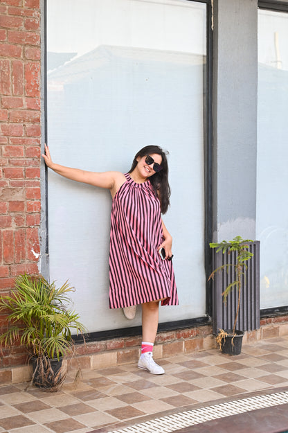 Pink Noir Striped Halter Neck Dress