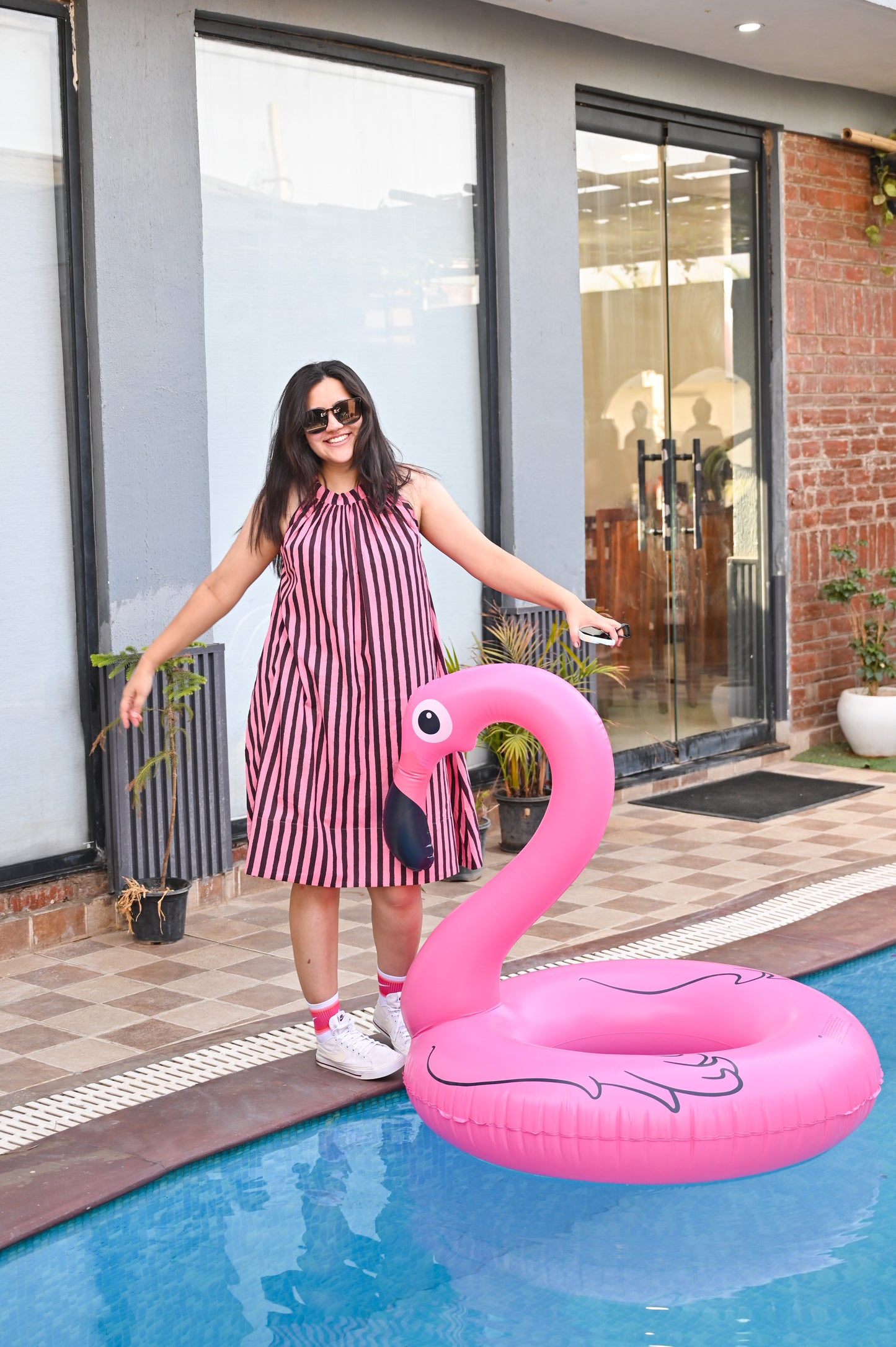 Pink Noir Striped Halter Neck Dress