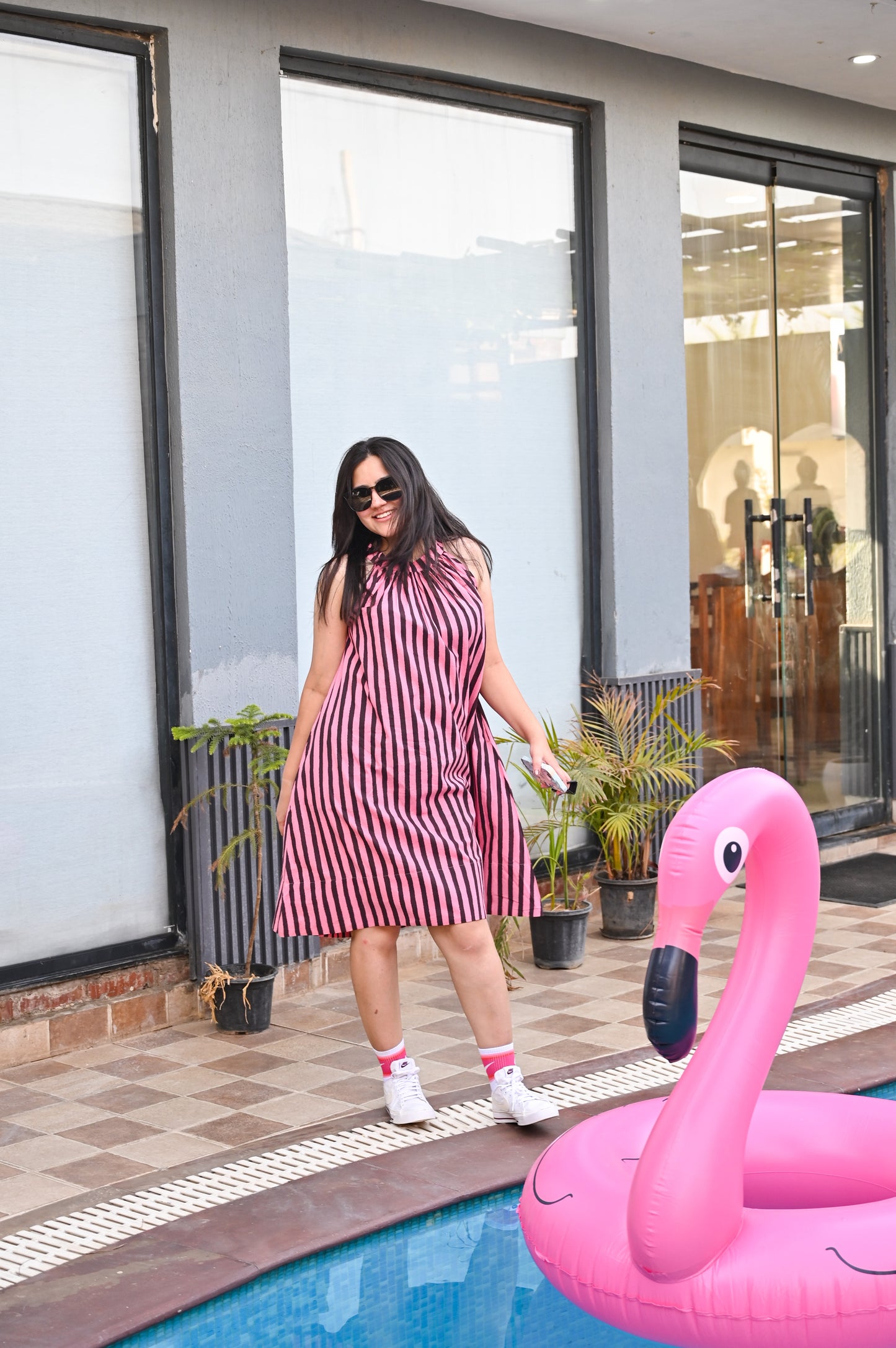 Pink Noir Striped Halter Neck Dress