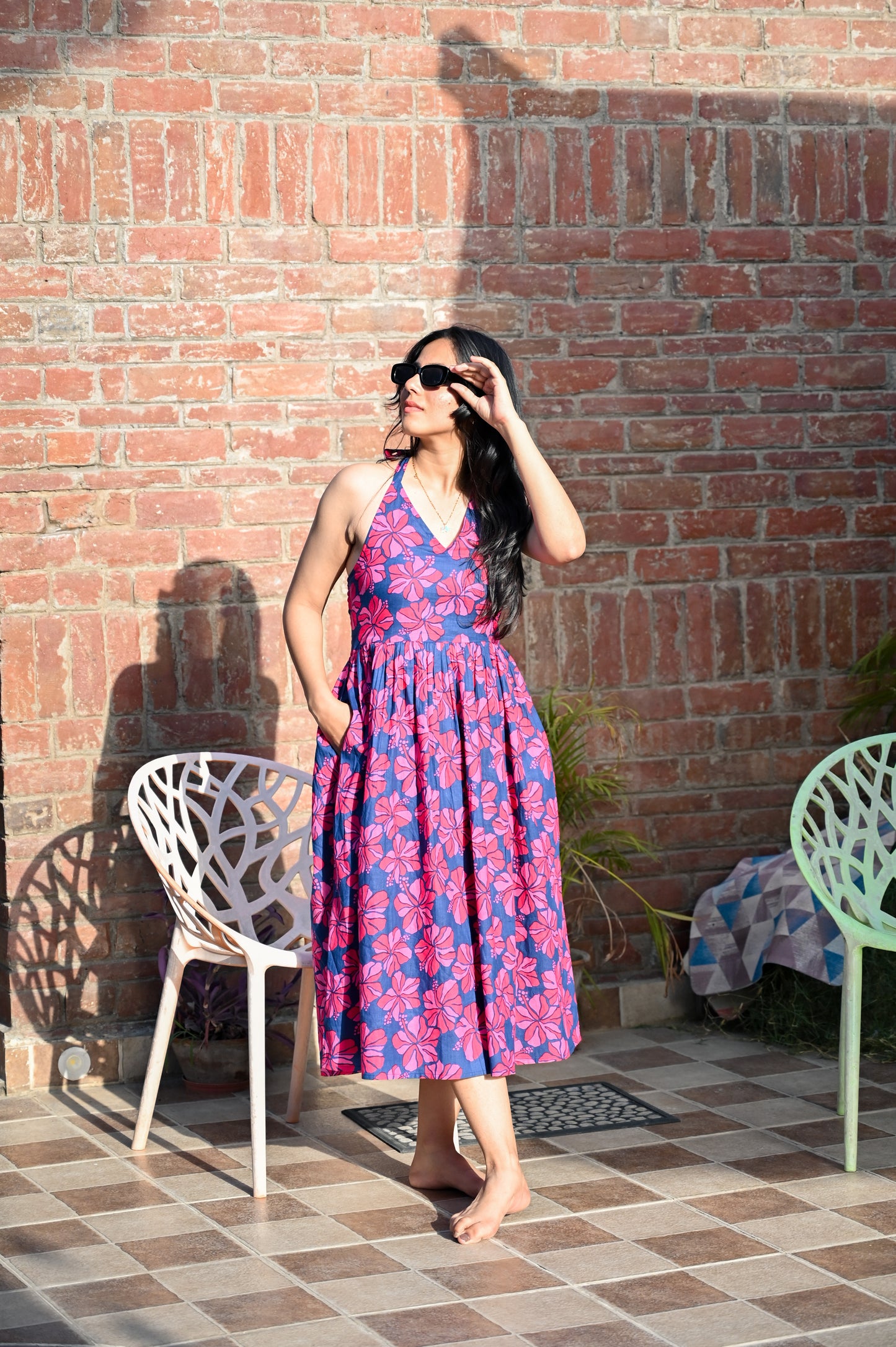 Floral Print Halter Neck Midi Dress