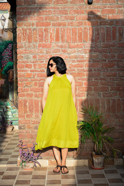 Lime Zest Halter Neck Flared Dress