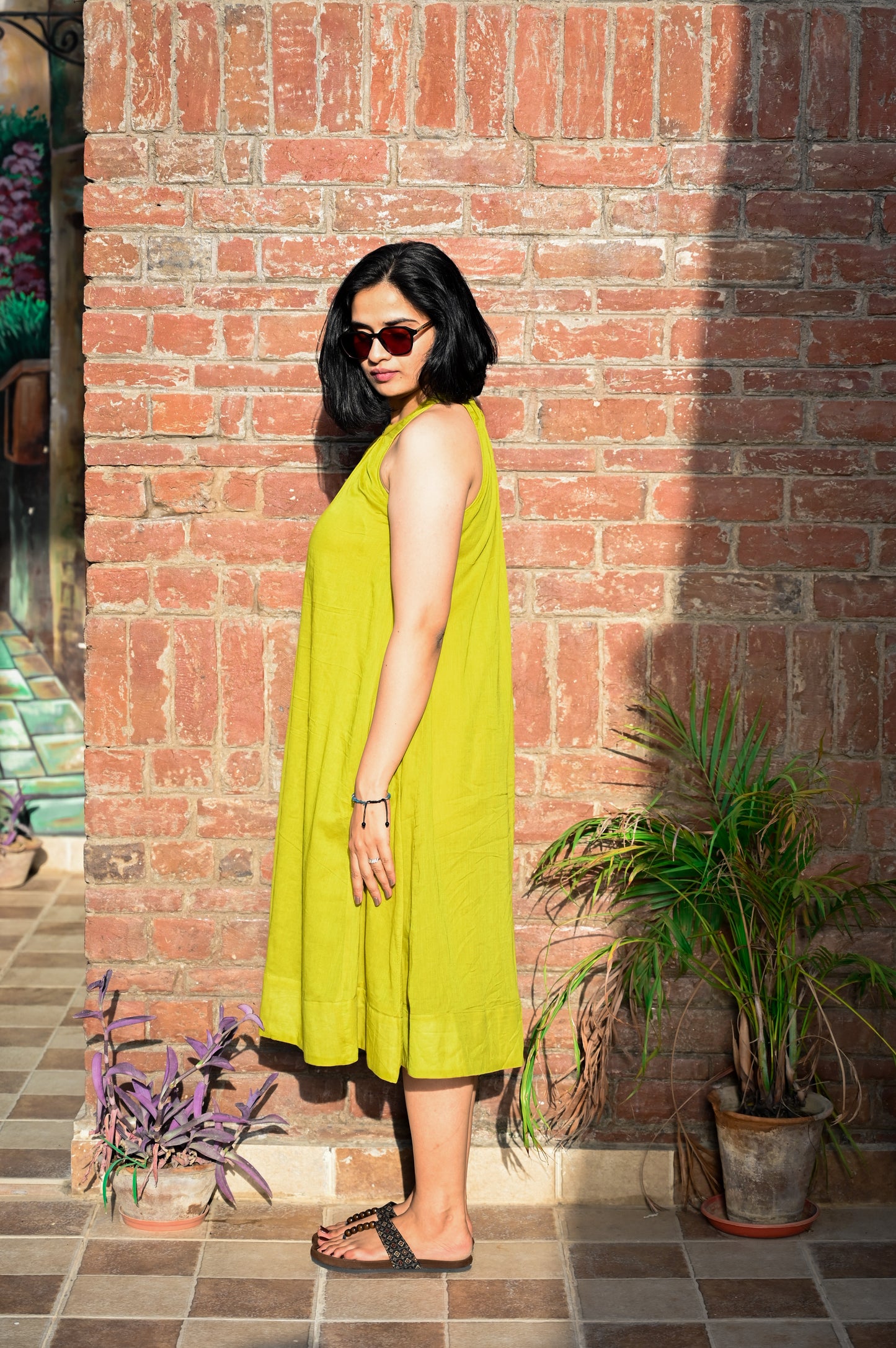 Lime Zest Halter Neck Flared Dress