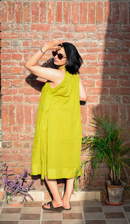 Lime Zest Halter Neck Flared Dress