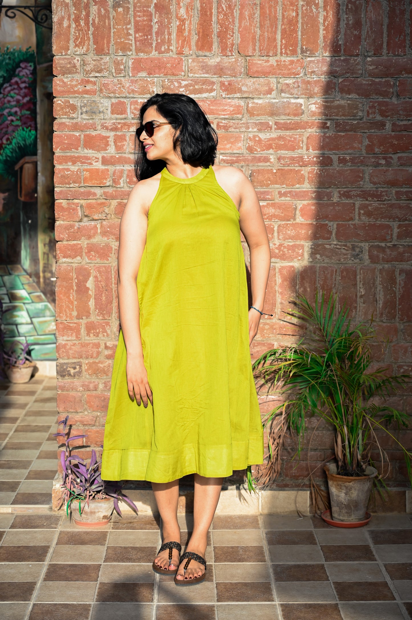 Lime Zest Halter Neck Flared Dress