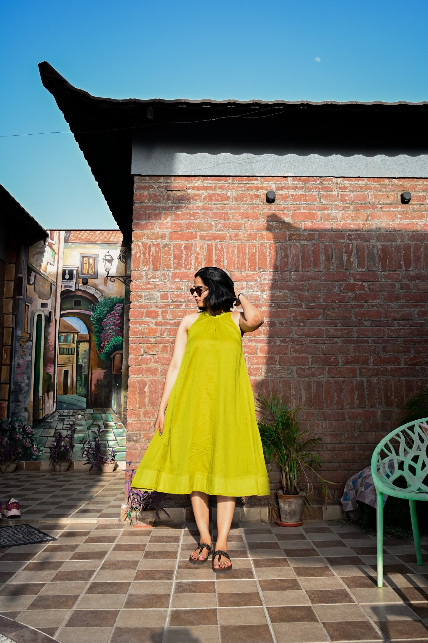 Lime Zest Halter Neck Flared Dress