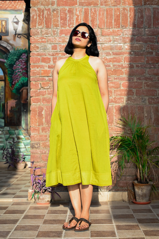 Lime Zest Halter Neck Flared Dress