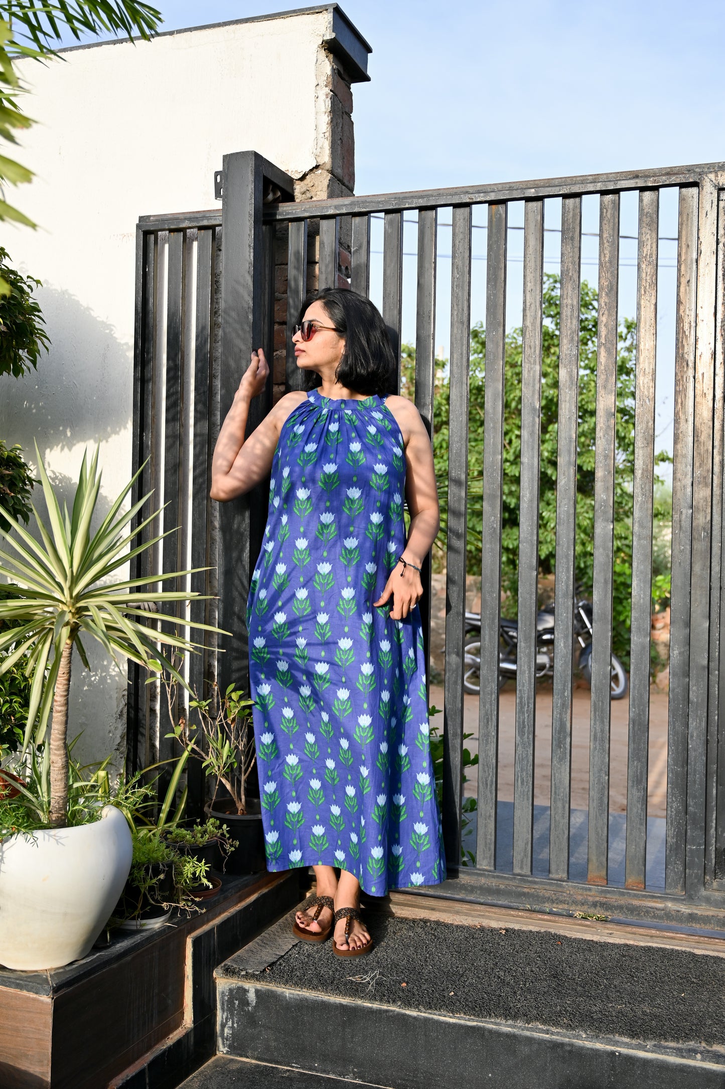 Indigo Tulip Halter Neck Flared Dress