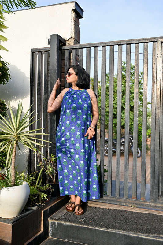 Indigo Tulip Halter Neck Flared Dress