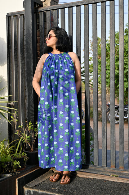 Indigo Tulip Halter Neck Flared Dress