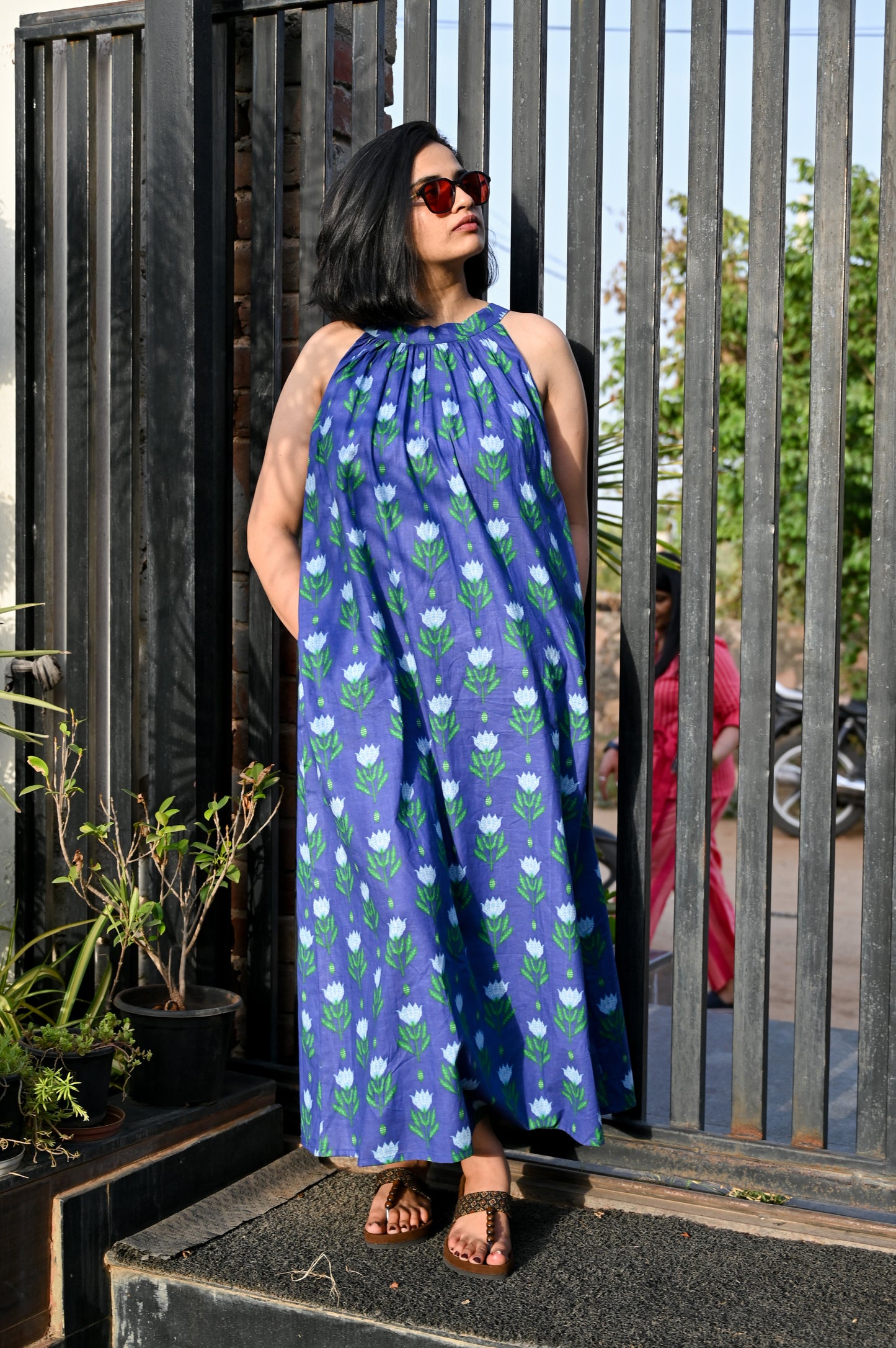 Indigo Tulip Halter Neck Flared Dress