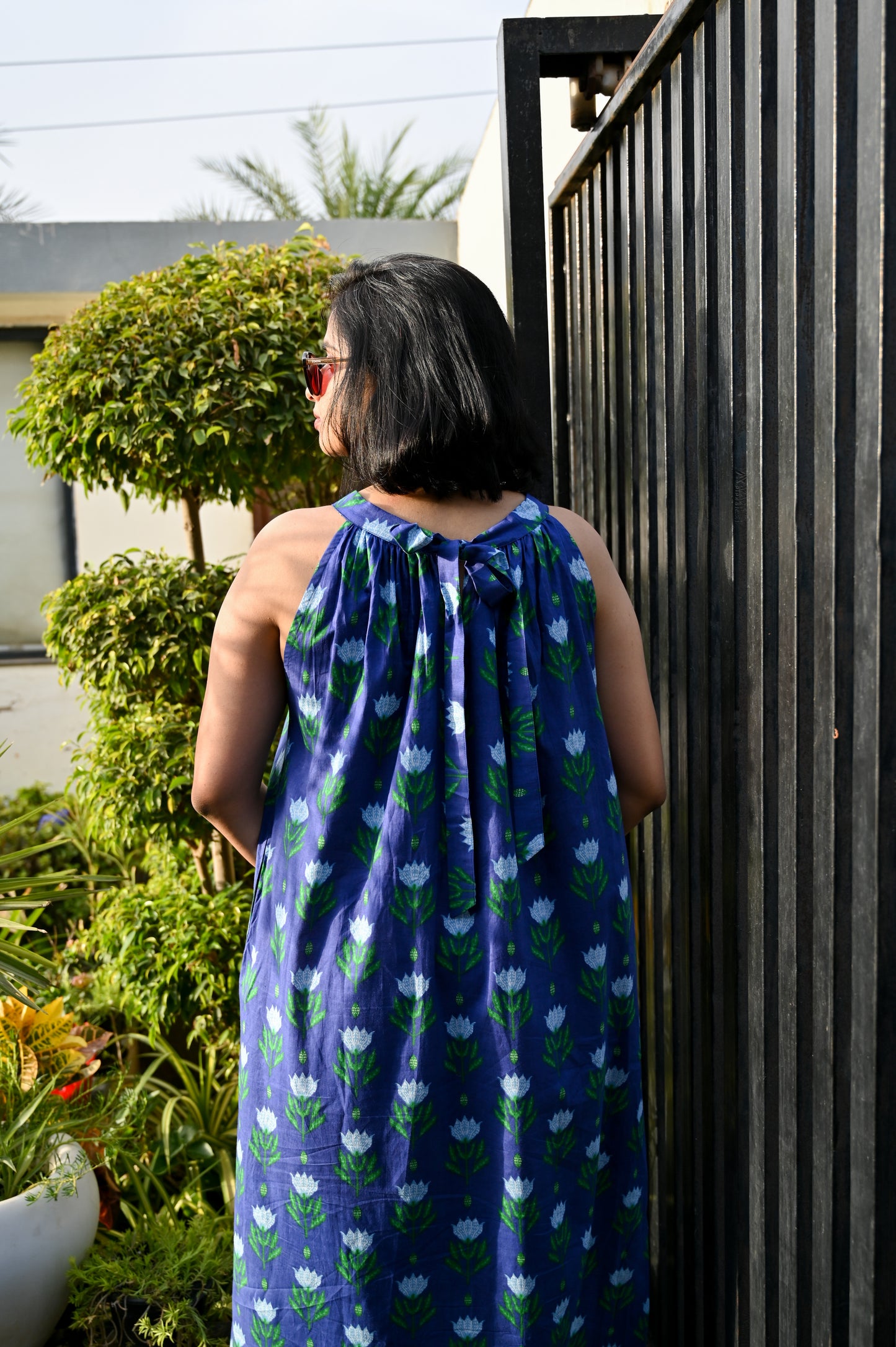 Indigo Tulip Halter Neck Flared Dress