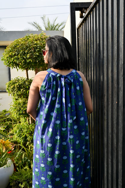 Indigo Tulip Halter Neck Flared Dress