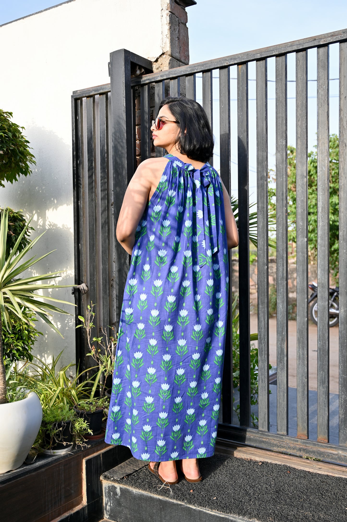 Indigo Tulip Halter Neck Flared Dress