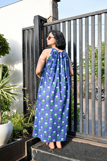 Indigo Tulip Halter Neck Flared Dress