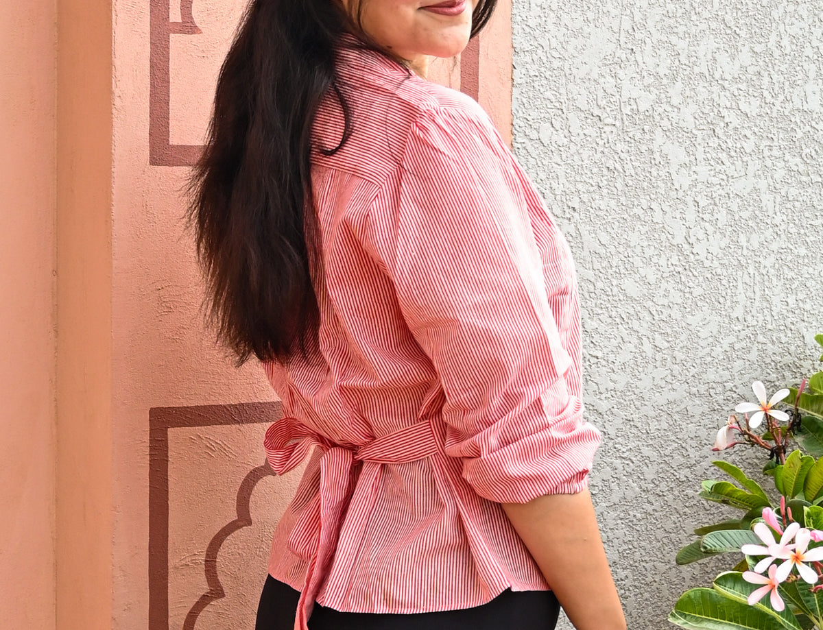 Crimson Stripe Button Top