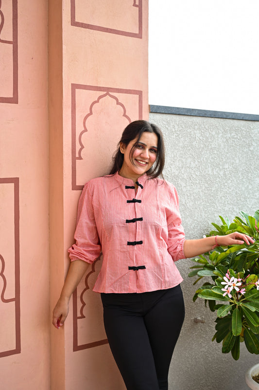 Crimson Stripe Button Top