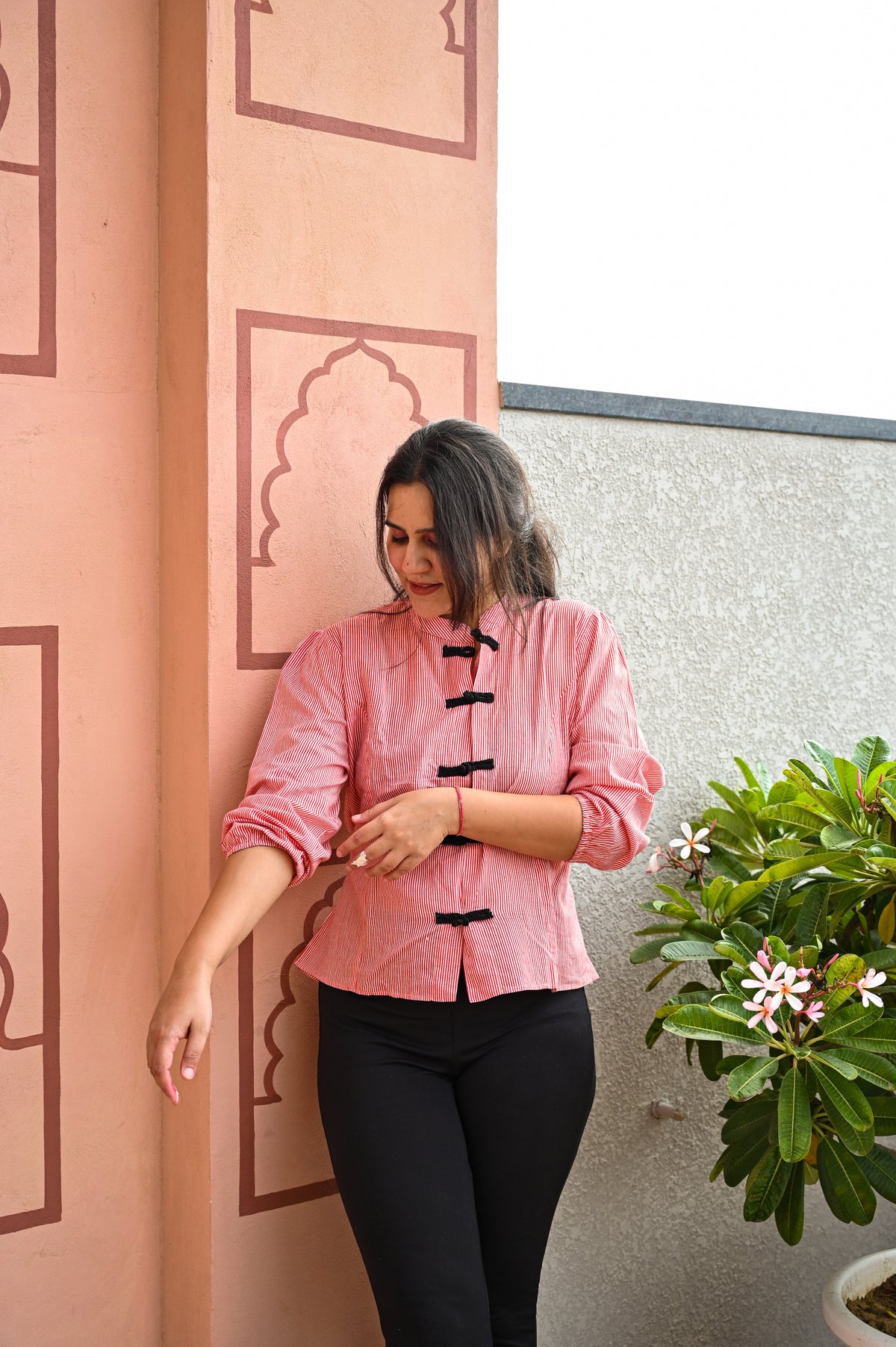 Crimson Stripe Button Top