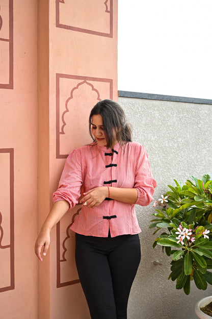 Crimson Stripe Button Top
