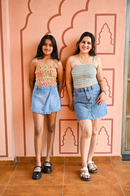 Green & White Printed Smocked Crop Top